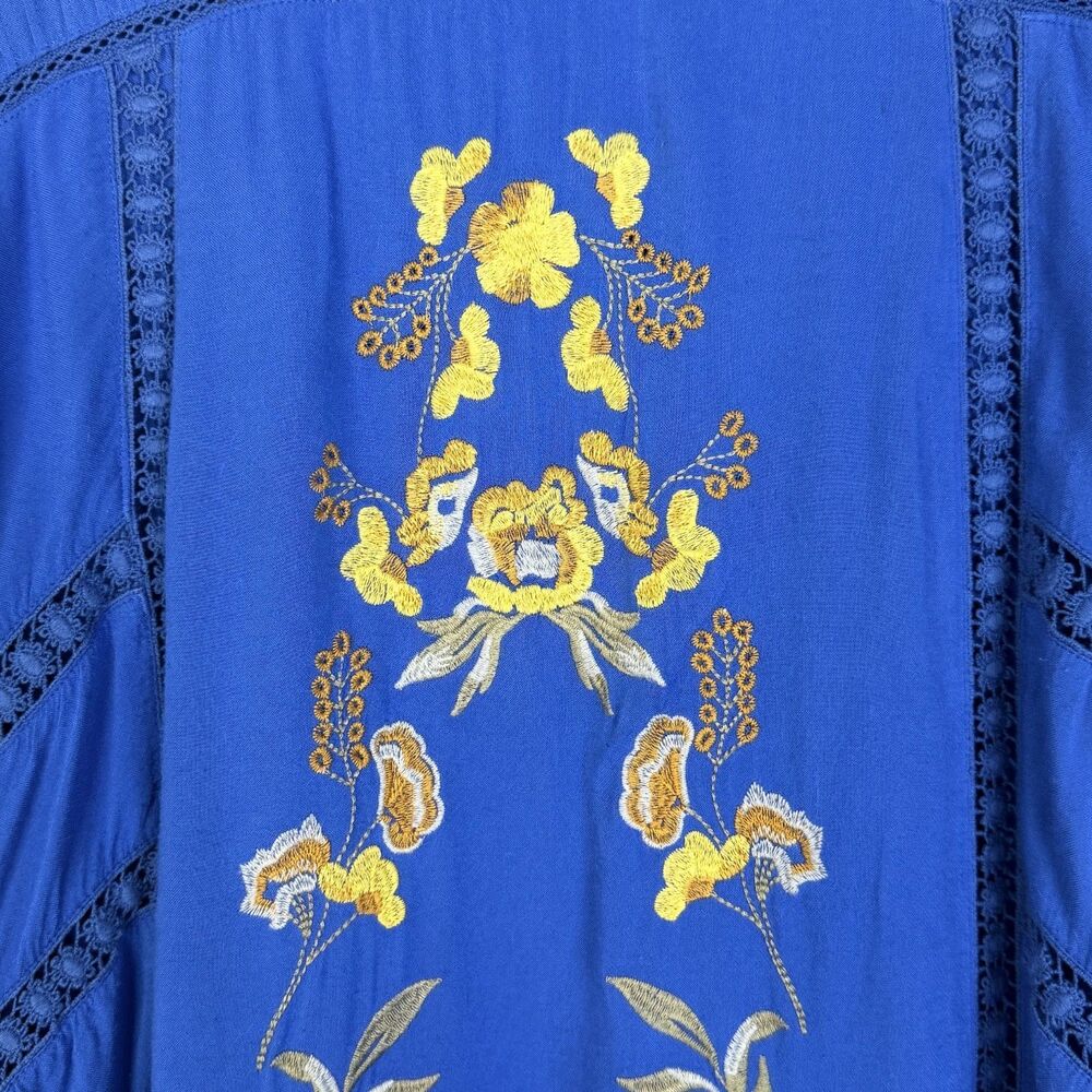 boho embroidered floral peasant shift blue lined dress medium by brass & roe - Picture 3 of 10